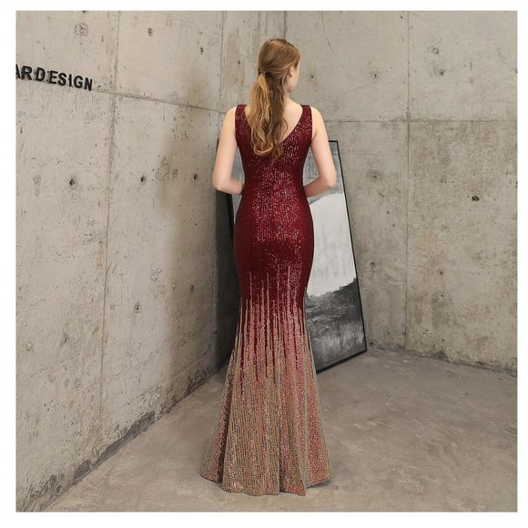 Red & Gold Sequin Dress Glitter Dress Formal Evening Gown Floor Length Ball Gown - Picture 4 of 12